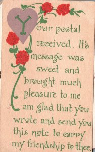 Vintage Postcard Sweet Message Friendship Letter Quotes & Sayings Hearts Flowers