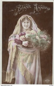RP: Woman holding Basket of Flowers , Bonne Annee , 00-10s