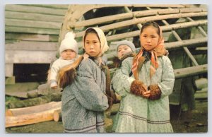 Two Eskimo Girls Carrying Babies On Their Backs~Nome Alaska~Wintertime~Vintage