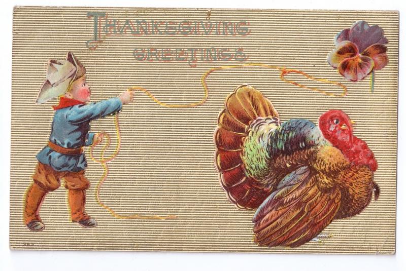 Thanksgiving Little Cowboy Lassoing Turkey Embossed VintageP. Sander Postcard