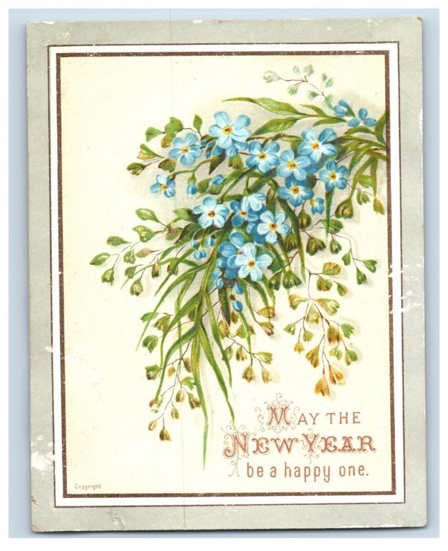 1880s Victorian New Year's Trade Card Lovely Blue Flowers F106