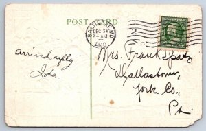 A Christmas Greeting, Bells, Rural Winter Scene, Holly, Antique 1910 Postcard