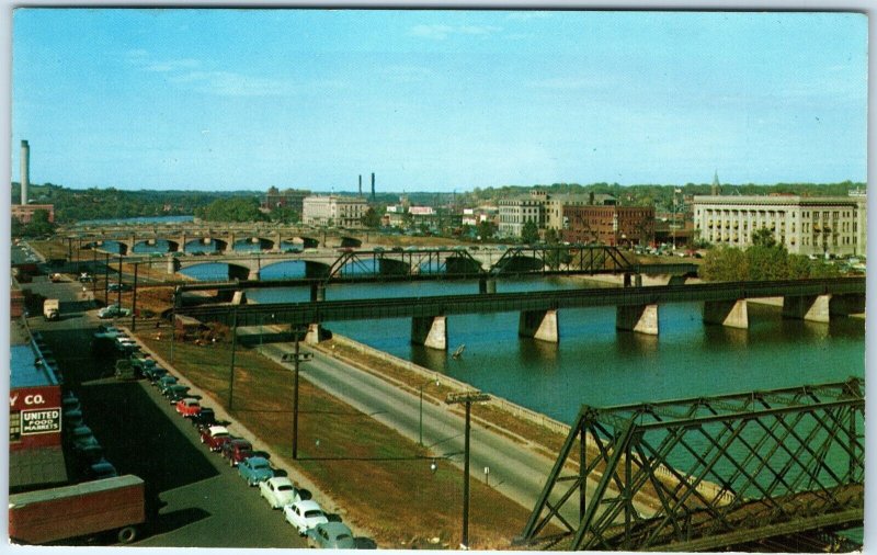 c1950s Des Moines, IA Downtown Birds Eye River Bridges Railway Car Food PC A318