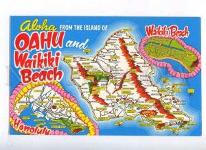 204350 ALOHA from HAWAII MAP Oahu Waikiki Beach old postcard