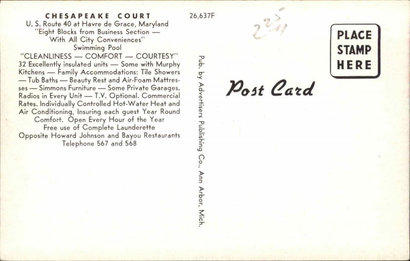 Harve De Grace MD Chesapeake Court Aerial Pool Homes 1950s-60s Vintage Postcard