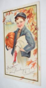 Hearty Thanksgiving Greeting Boy Pumpkin Turkey Postcard Series 253 A