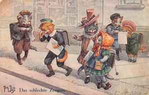 L337 Humanized Cats bad grades scho anthropomorphic 1927 A Thiele comic postcard