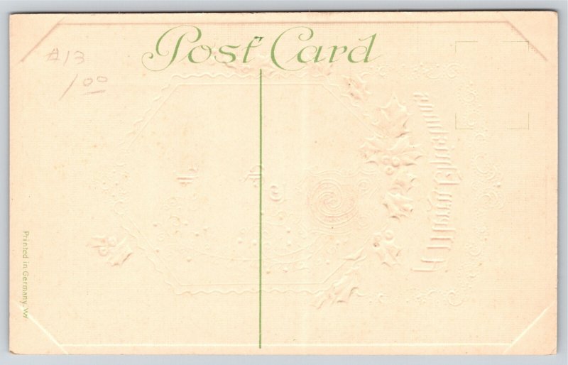 Holiday~A Merry Christmas~Holly Berries~Emb~Printed In Germany~Vintage Postcard