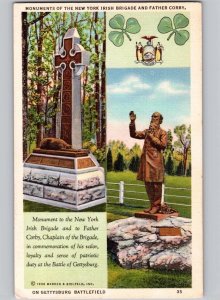 c1940 New York Irish Brigade & Father Corby Monument NY Linen Multiview Postcard