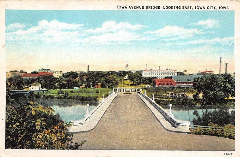 Iowa City Iowa~Iowa Avenue Bridge Looking East~Buildings-Smoke Stacks~1920s Pc