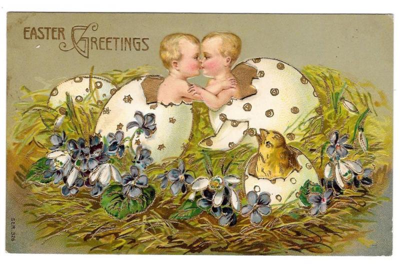 Easter Babies Chick Hatching from Eggs Kissing Gilt Postcard