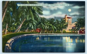 PALM BEACH, Florida FL ~ Moonlight EVERGLADES CLUB BASIN c1940s Linen Postcard