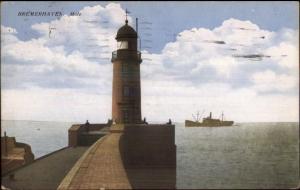 Bremerhaven Germany Mole Lighthouse & Ship c1910 Postcard 