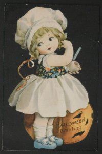 1910s Little Girl Appling Apple In Front of Jack-O'-Lantern Halloween Postcard