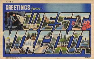 Miner, Linen Era,Large Letter,Greetings From West Virginia, Old Postcard