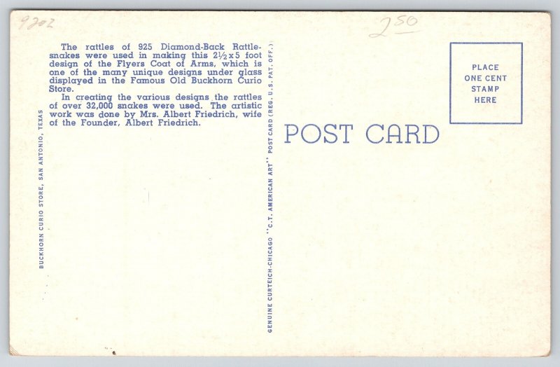 San Antonio TX~Buckhorn Curio Store~Flyers Coat Of Arms Rattles~Linen Postcard