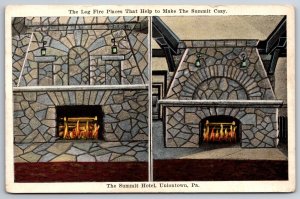 Uniontown Pennsylvania~Log Fire Place Scenes @ The Summit Hotel~Vintage Postcard