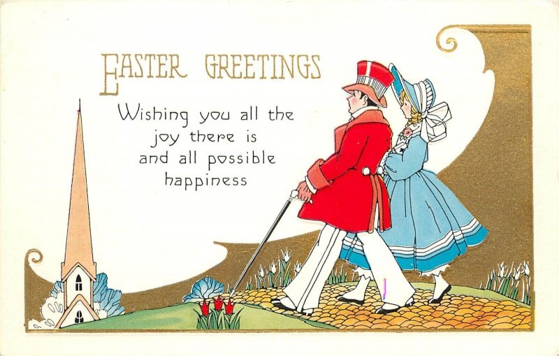 Embossed Art Deco Easter Postcard 274 Fancy Dressed Couple Walk to Church