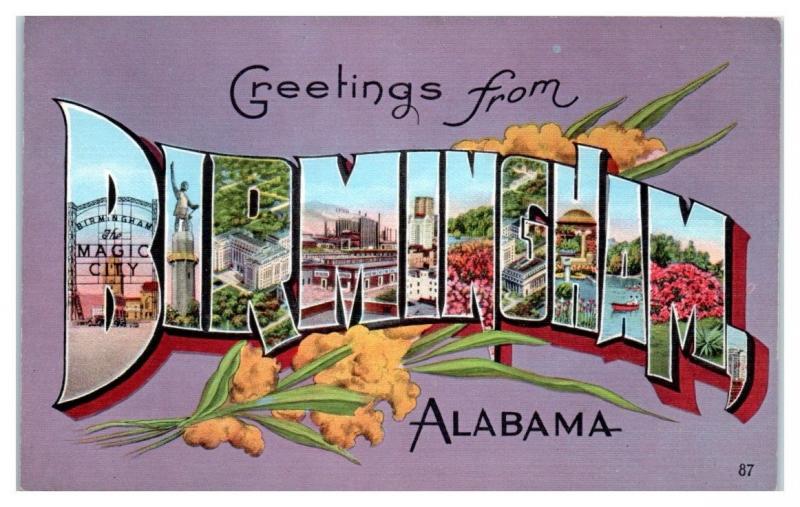 Mid-1900s Greetings from Birmingham, AL LARGE LETTER Postcard