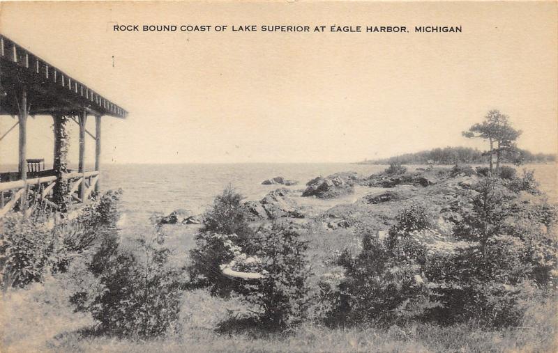 Eagle Harbor Michigan~Rock Bound Coast of Lake Superior~Patio @ Right~c1910 Pc