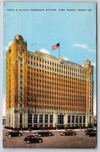 Ft Worth Texas~Pacific Passenger Station Bldg~Flag~Art Deco~Linen 1943 Postcard