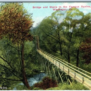 c1910s Waukegan, IL Wood Bridge Stairs Famous Ravine Postcard Unique ILL A90