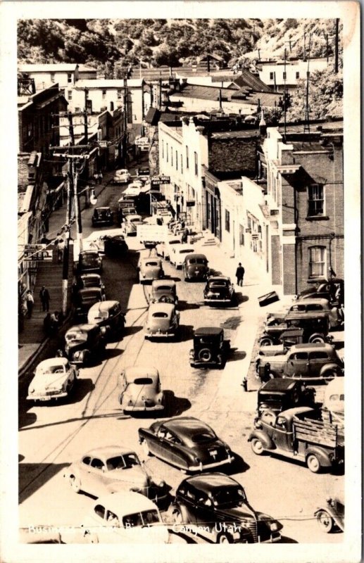 Real Photo Postcard Business Section of Bingham Canyon, Utah 