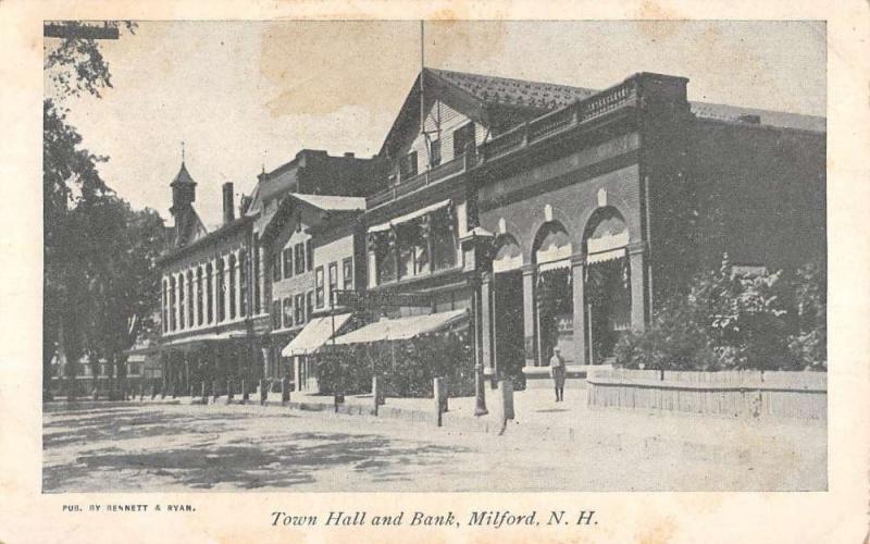 Milford New Hampshire Town Hall And Bank Street View Antique Postcard K61913