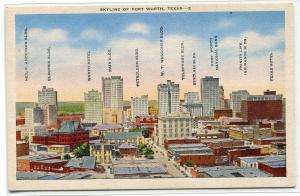 Panorama Skyline Named Buildings Fort Worth Texas linen postcard