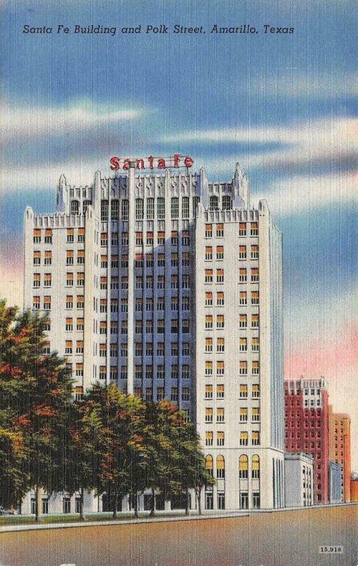 AMARILLO, TX Texas   SANTA FE BUILDING & POLK STREET  1946 Linen Postcard