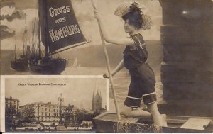 RPPC Hamburg Germany, Gruss aus, Beautiful Woman w Flag & Swimsuit, Ship 1910