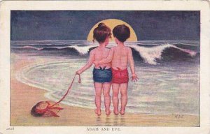 Adam & Eve Young Couple Standing On Beach With Full Moon