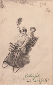 New Year winter seasonal greetings postcard drawn couple sledge 1910 Austria