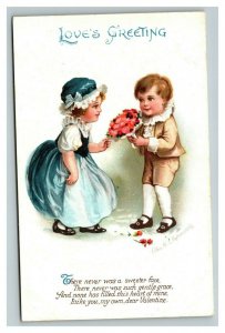 Vintage 1910's Ellen Clapsaddle Valentines Postcard Boy Gives Cute Girl Flowers