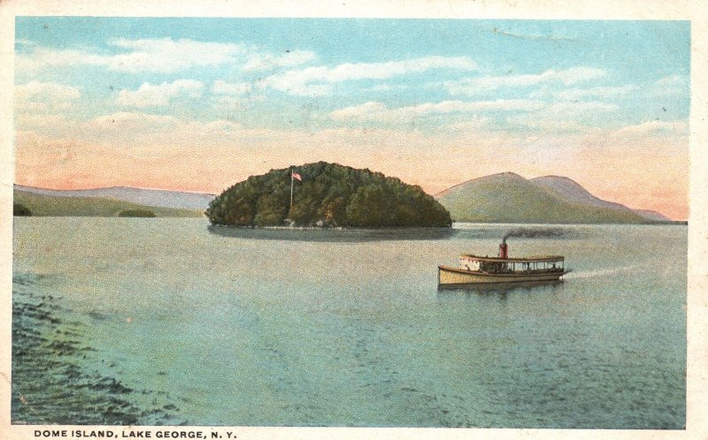 Vintage Postcard 1921 Bolton Landing Steamer Passes Dome Island Lake George NY