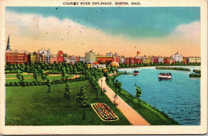 Charles River Esplanade Boston Massachusetts Linen Postcard PM W Newton MA WOB 