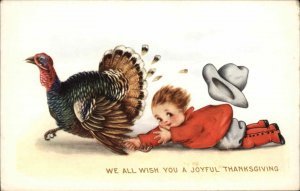Whitney Thanksgiving Little Boy Tackles Turkey Vintage Postcard