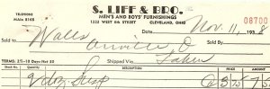 1938 S. LIFF & BRO CLEVELAND OHIO MENS & BOYS FURNISHINGS BILLHEAD INVOICE Z1002