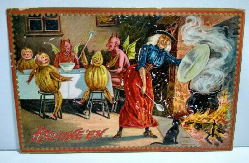 Halloween Postcard Tucks Original Devils & Gourds Dining Witch Brewing No 160