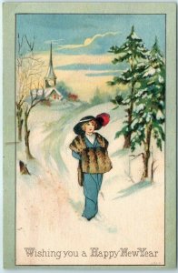 M-30117 Lady in a Winter Scene Art Print Wishing you a Happy New Year