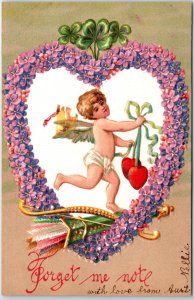 VINTAGE POSTCARD FORGET ME NOT  HEART-SHAPED WREATH OF FLOWERS ARROWS CUPID