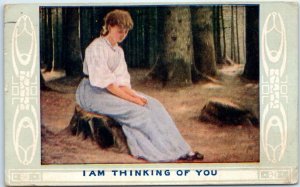 Postcard - I Am Thinking Of You With Woman Trees Picture and Art Print