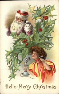 Christmas Santa Claus Talks to Woman on Old Telephone c1910 Vintage Postcard