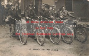 WI, Waupaca, Wisconsin, RPPC, Men Sitting on Indian Motorcycles, May 1912