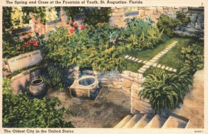 Vintage Postcard 1930s Spring & Cross Fountain of Youth St. Augustine Florida FL