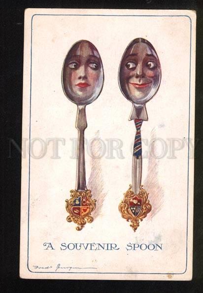 047796 SPOONS as Lovers ART NOUVEAU vintage Sign PC