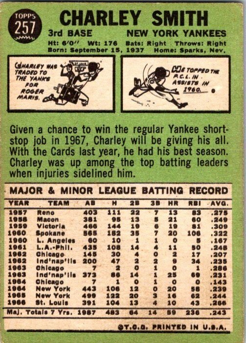 1967 Topps Baseball Card Charley Smith New York Yankees sk2093