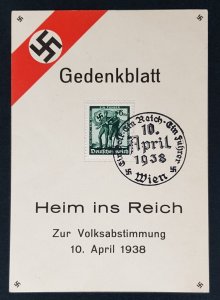 GERMAN EMPIRE 3rd THIRD REICH PROPAGANDA - POSTAL CARD AUSTRIAN ANSCHLUSS 1938