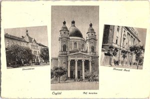 Vintage 1907-1915 Cegled Hungary National School, Bank, Church Postcard