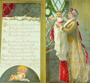 1880 Lovely Christmas Baby Jesus Victorian Folder Card w/ Poem & Graphic Back &I